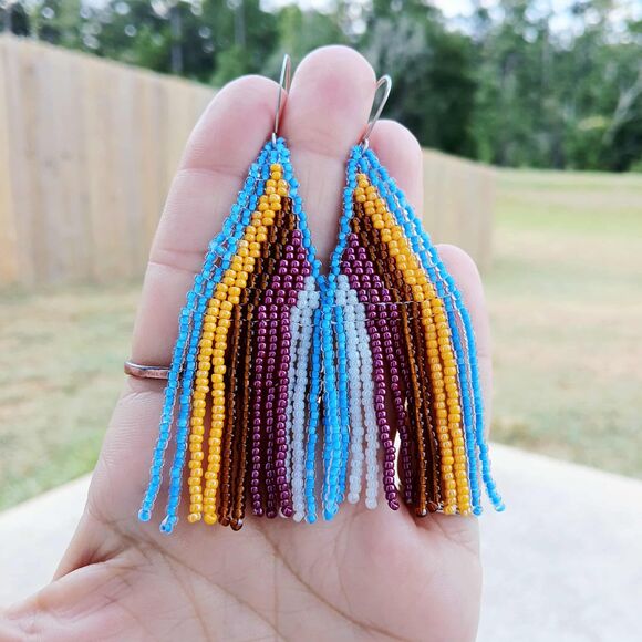 Retro Beaded Fringe Cascade Dangle Earrings, Boho Statement Artisan, 3.5" - Picture 5 of 7